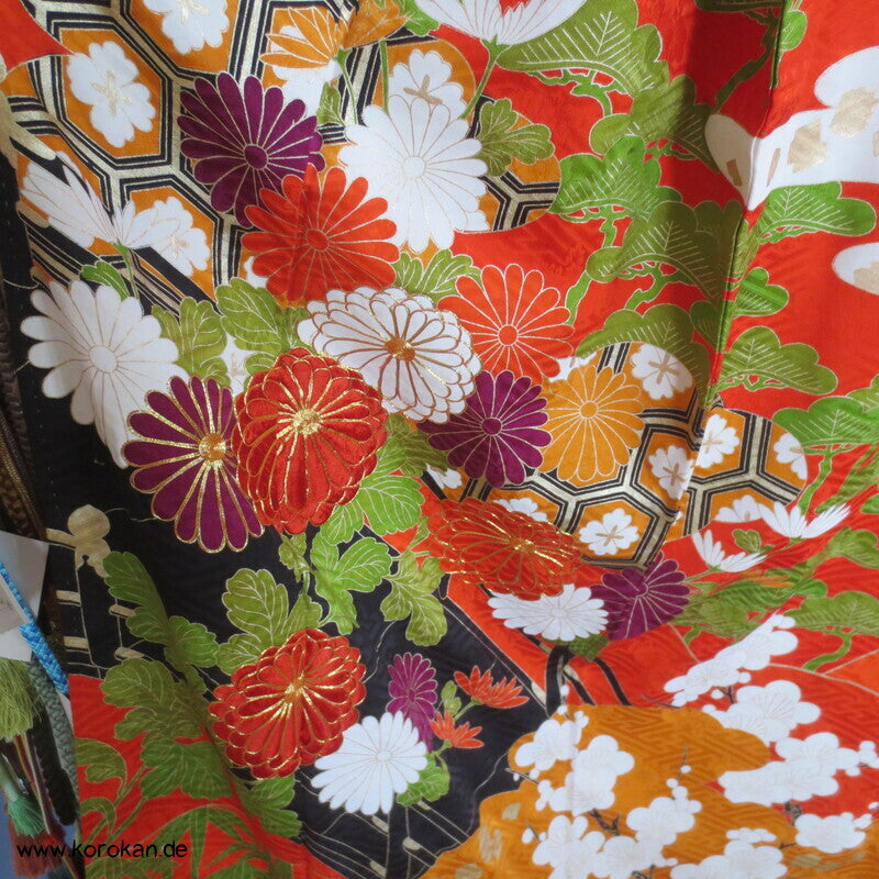 Furisode Kimono japanischer Golddruck - und stickerei Seidendamast Himmelsbrücken
