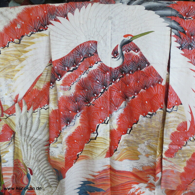 Furisode Kimono Sommer Rho Seide, riesige Kraniche vor Wellen und Kiefern