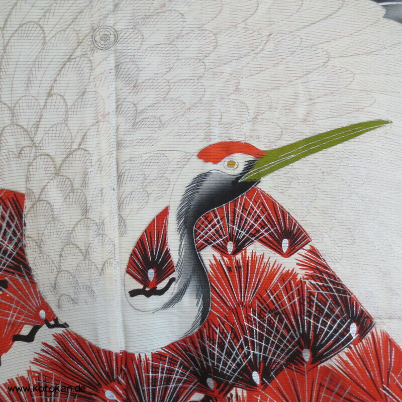 Furisode Kimono Sommer Rho Seide, riesige Kraniche vor Wellen und Kiefern