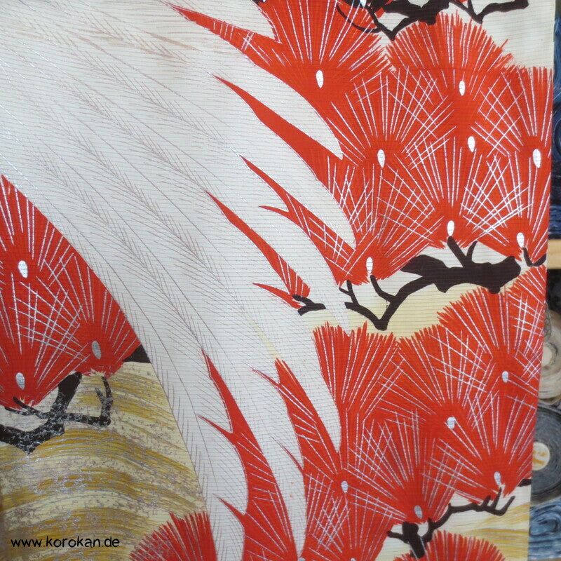 Furisode Kimono Sommer Rho Seide, riesige Kraniche vor Wellen und Kiefern