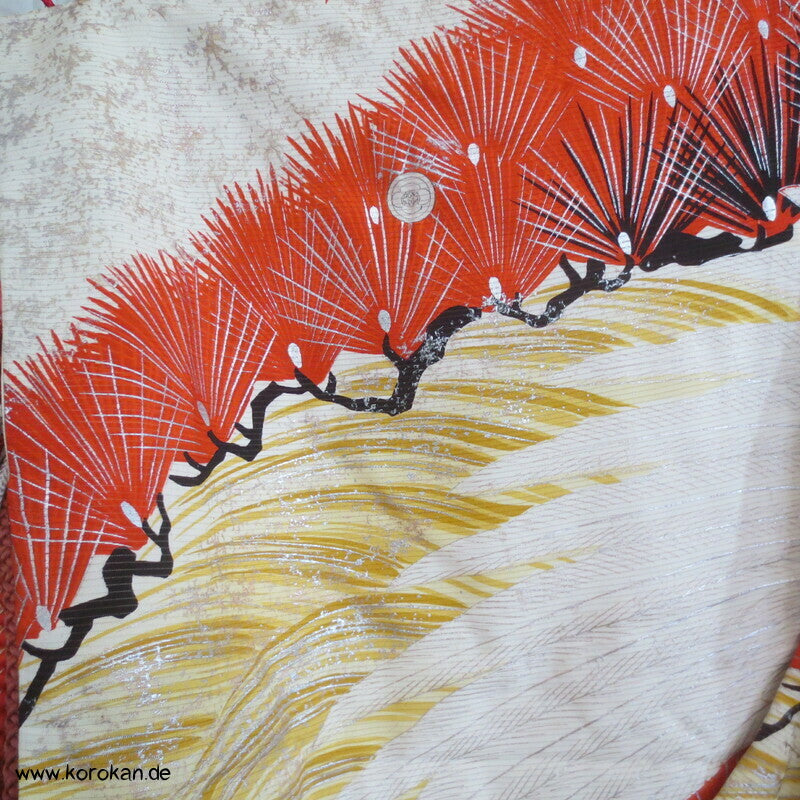 Furisode Kimono Sommer Rho Seide, riesige Kraniche vor Wellen und Kiefern