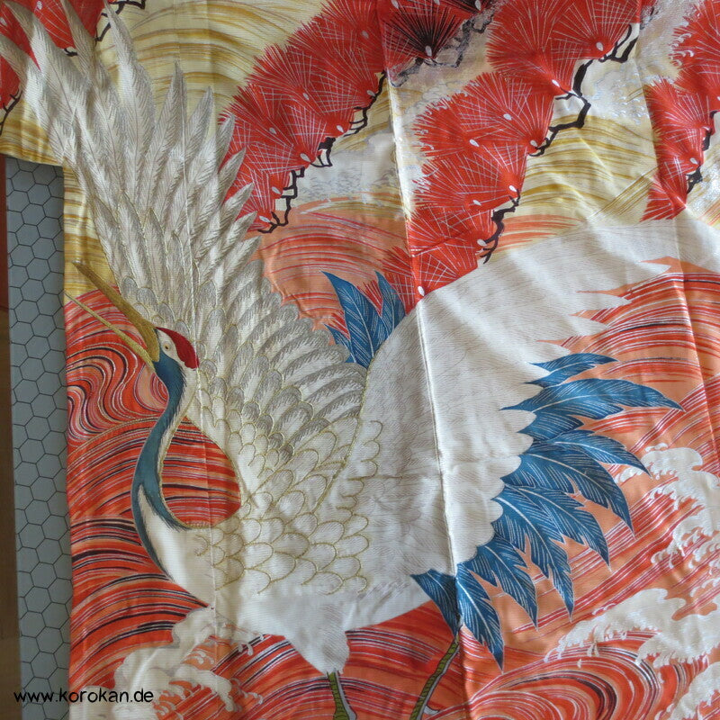 Furisode Kimono Sommer Rho Seide, riesige Kraniche vor Wellen und Kiefern