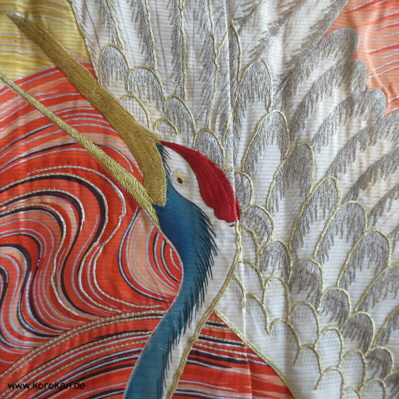 Furisode Kimono Sommer Rho Seide, riesige Kraniche vor Wellen und Kiefern