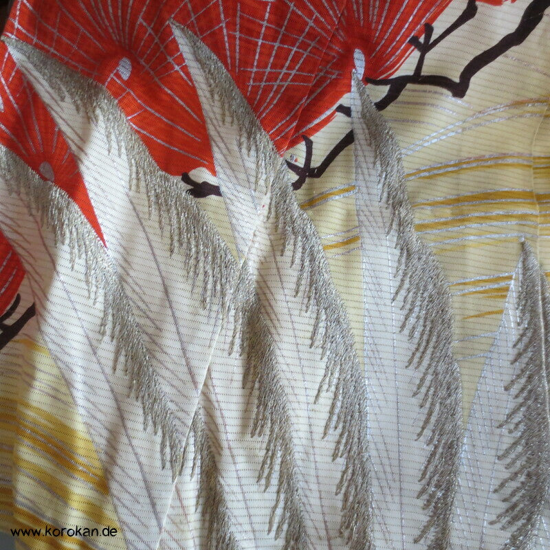 Furisode Kimono Sommer Rho Seide, riesige Kraniche vor Wellen und Kiefern