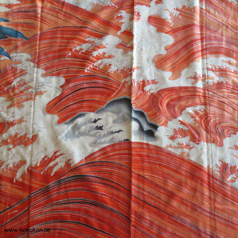 Furisode Kimono Sommer Rho Seide, riesige Kraniche vor Wellen und Kiefern