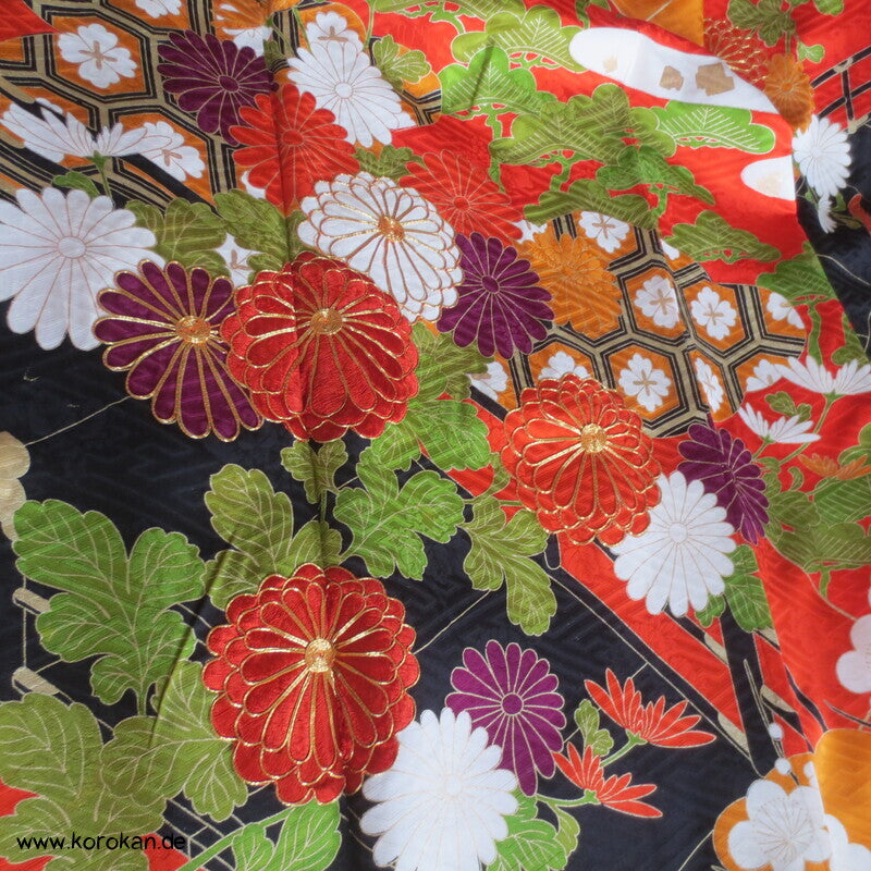 Furisode Kimono japanischer Golddruck - und stickerei Seidendamast Himmelsbrücken