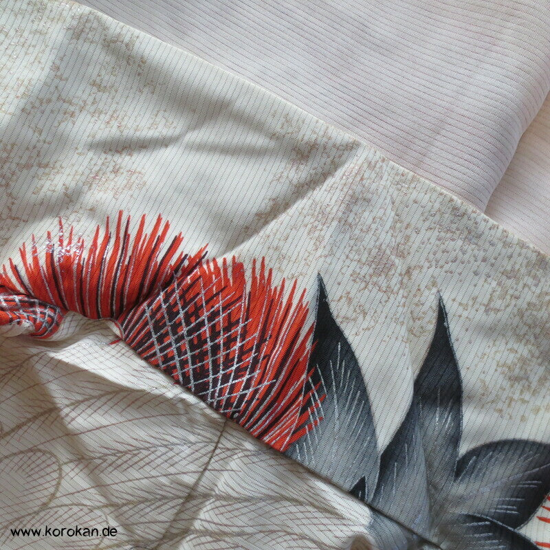 Furisode Kimono Sommer Rho Seide, riesige Kraniche vor Wellen und Kiefern