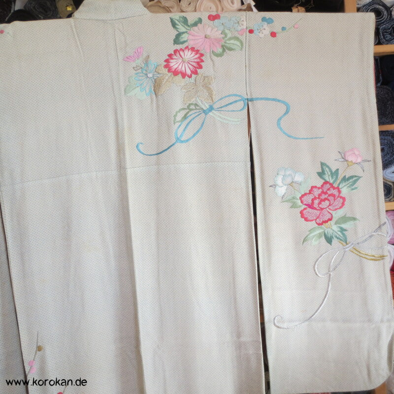 hellblauer Kanoko Druck, Stickereien Furisode Seiden Kimono