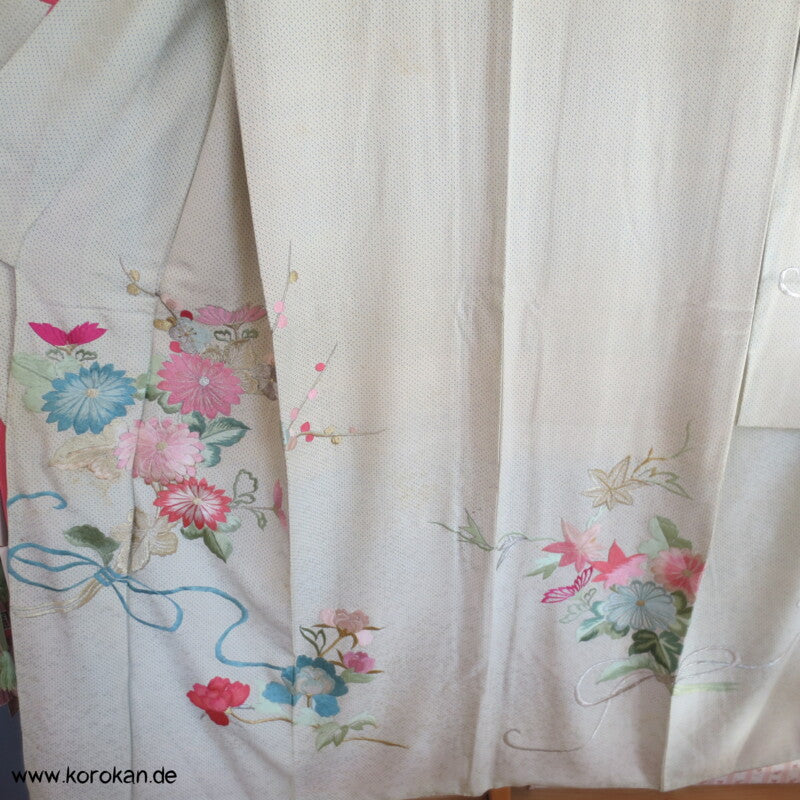 hellblauer Kanoko Druck, Stickereien Furisode Seiden Kimono