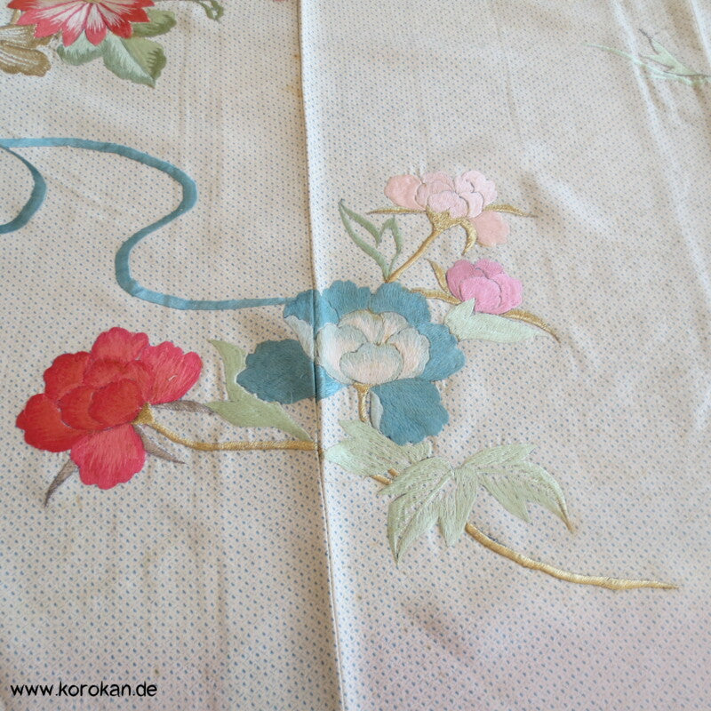 hellblauer Kanoko Druck, Stickereien Furisode Seiden Kimono