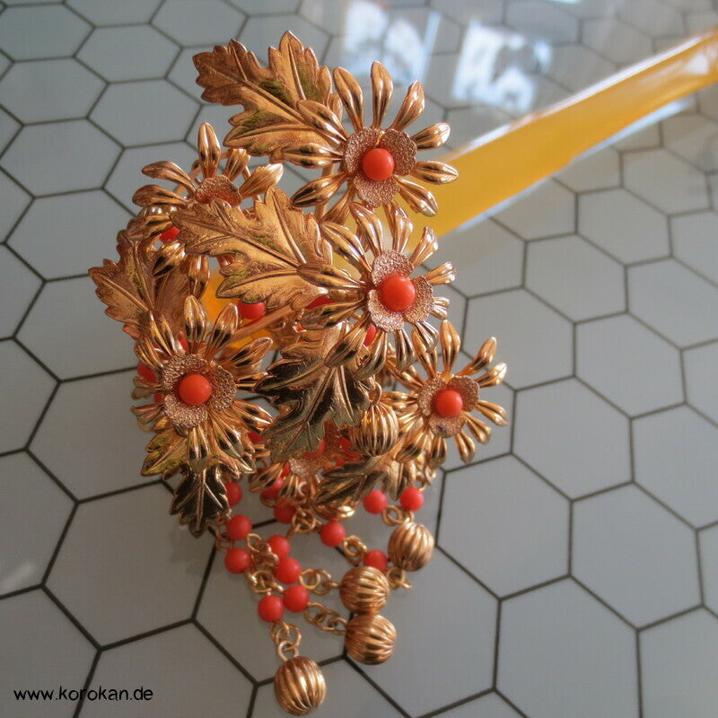 Geisha - Braut  Haarschmuck  - gold Bernstein Harz mit Korallenkugeln