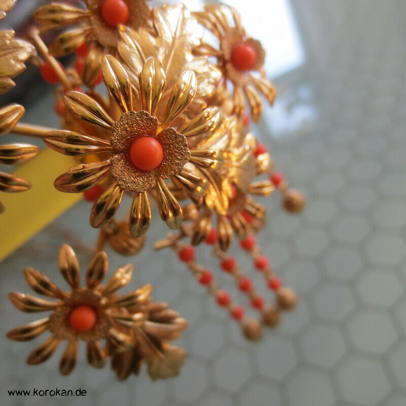 Geisha - Braut  Haarschmuck  - gold Bernstein Harz mit Korallenkugeln