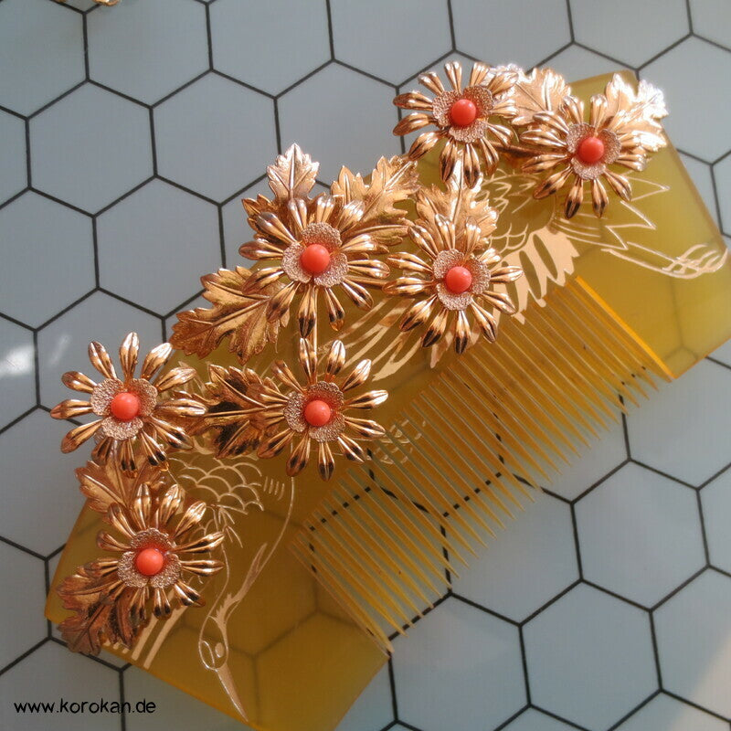 Geisha - Braut  Haarschmuck  - gold Bernstein Harz mit Korallenkugeln