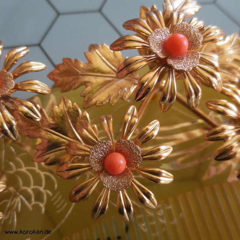 Geisha - Braut  Haarschmuck  - gold Bernstein Harz mit Korallenkugeln