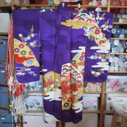 Seidendamast Furisode Kimono lila bunt
