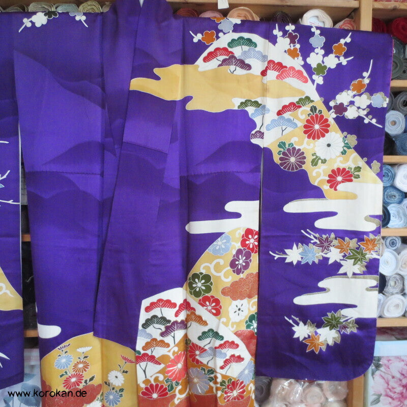 Seidendamast Furisode Kimono lila bunt