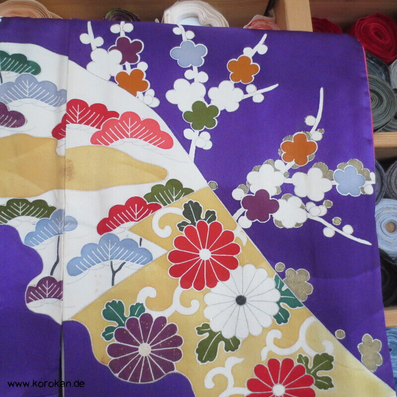 Seidendamast Furisode Kimono lila bunt