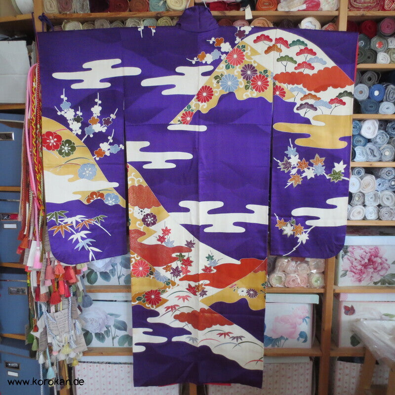Seidendamast Furisode Kimono lila bunt