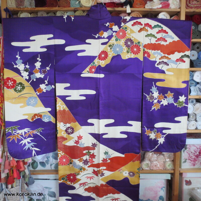 Seidendamast Furisode Kimono lila bunt
