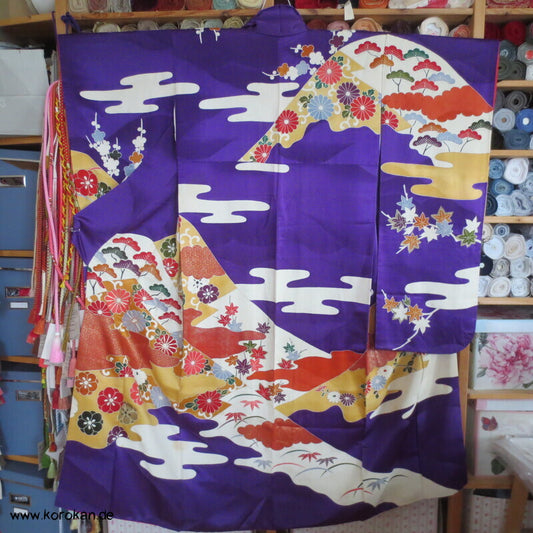 Seidendamast Furisode Kimono lila bunt