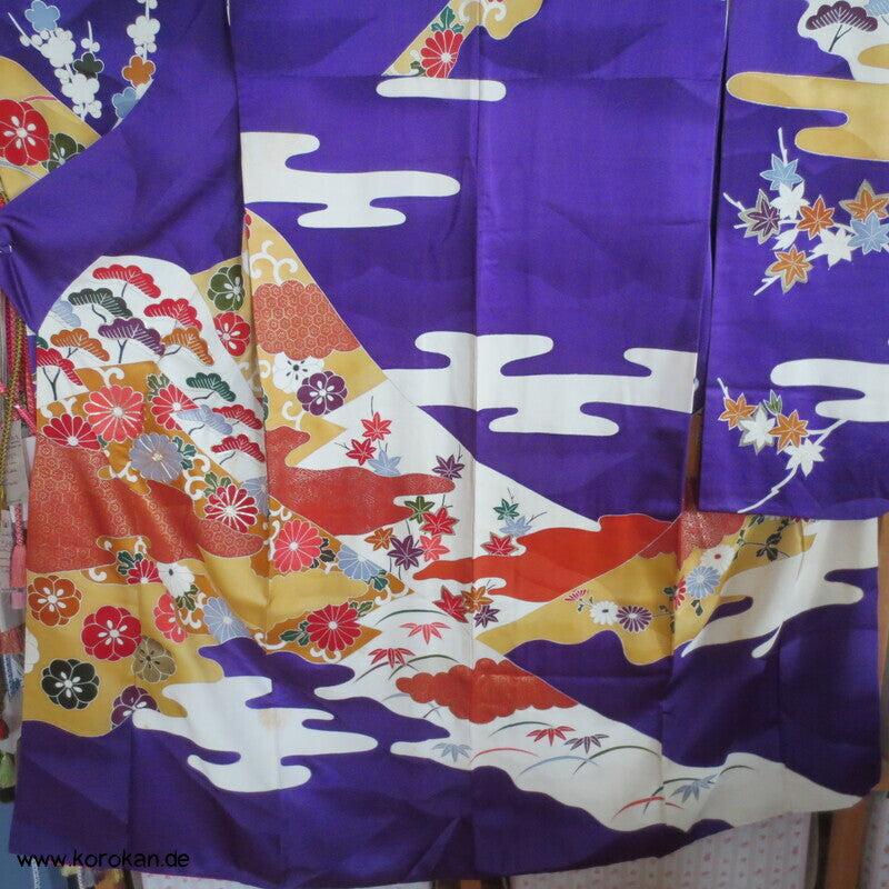 Seidendamast Furisode Kimono lila bunt