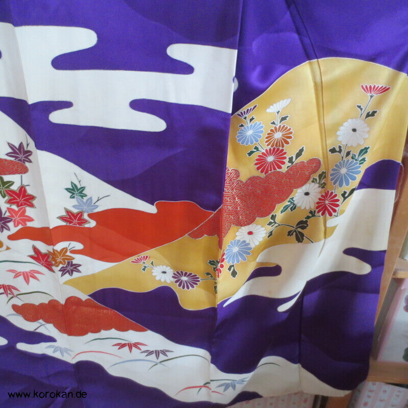 Seidendamast Furisode Kimono lila bunt