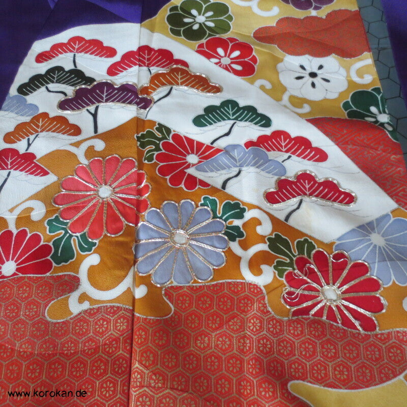 Seidendamast Furisode Kimono lila bunt