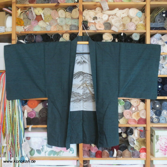 petrolgrüne Fushi Tsumugi Seiden Haori Jacke