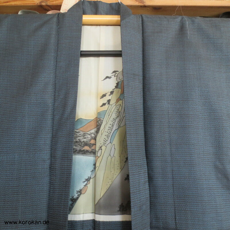 Männer Haori Kimono Jacke Tsumugi Seide, Seidenfutter mit Landschaft