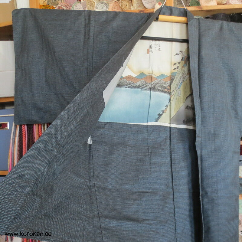 Männer Haori Kimono Jacke Tsumugi Seide, Seidenfutter mit Landschaft