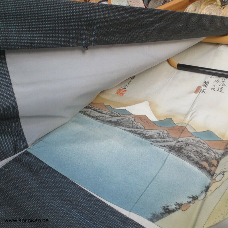 Männer Haori Kimono Jacke Tsumugi Seide, Seidenfutter mit Landschaft