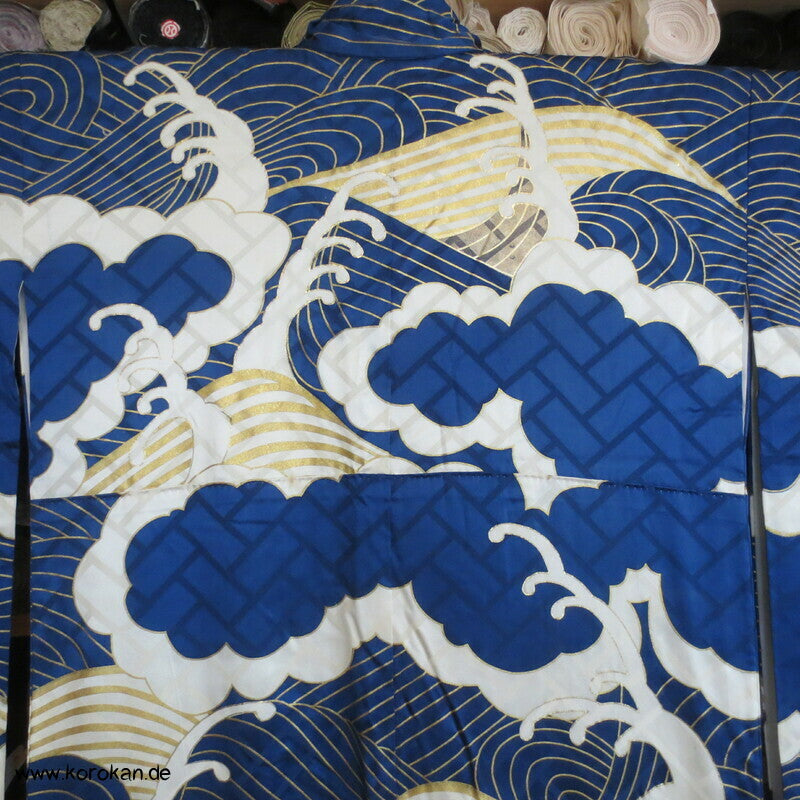 wildes Meer - Wellen, Stickerei, Goldfäden Furisode Seidendamast Kimono