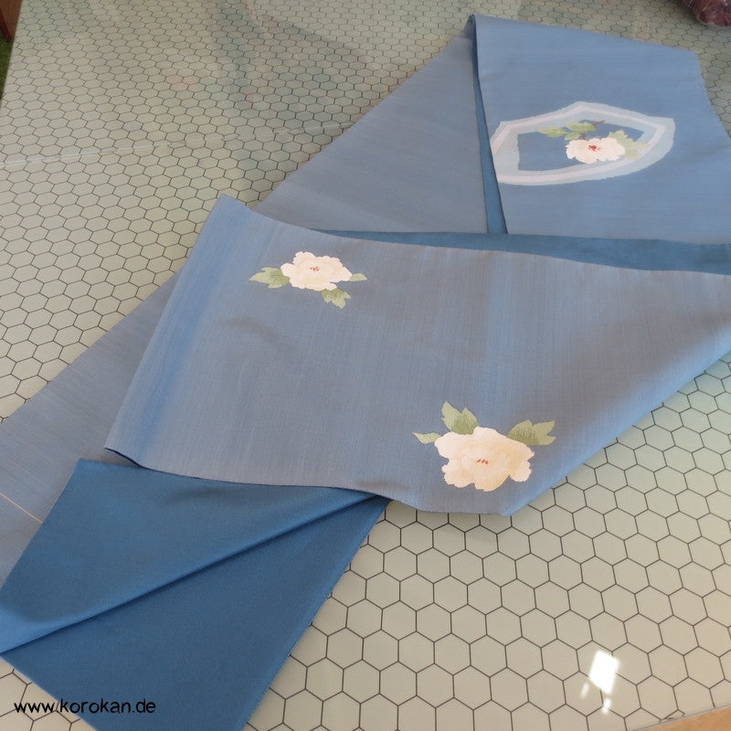 blaugrau mit Rosen Fukuro / Nagoya Obi