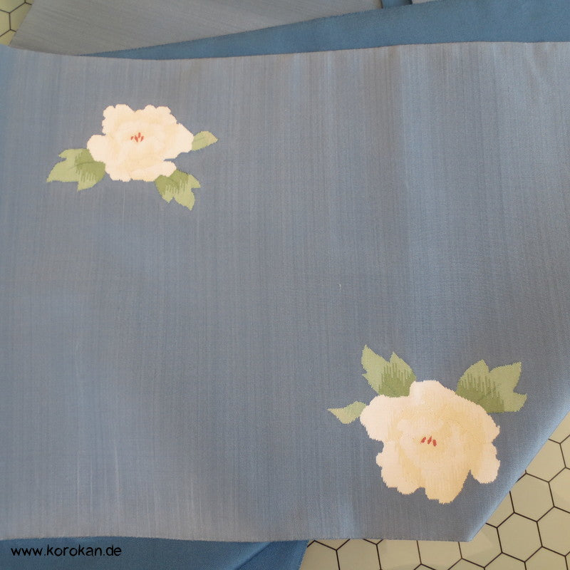 blaugrau mit Rosen Fukuro / Nagoya Obi