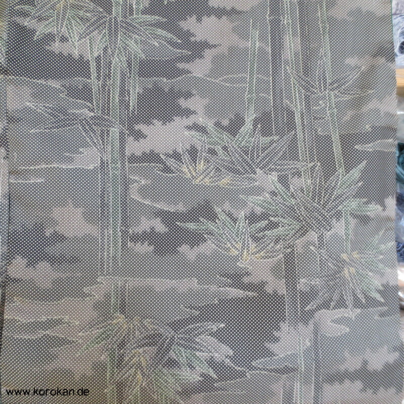 gewebtes Bambusmuster in grauer Tsumugi Seiden Kimono