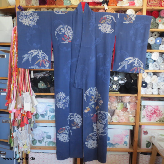 antiker Rinzu Seiden Damast Homongi Kimono, bestickt, Shibori