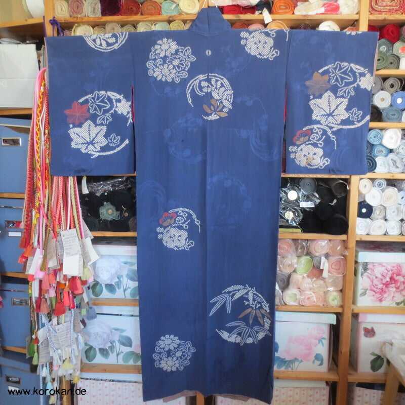 antiker Rinzu Seiden Damast Homongi Kimono, bestickt, Shibori