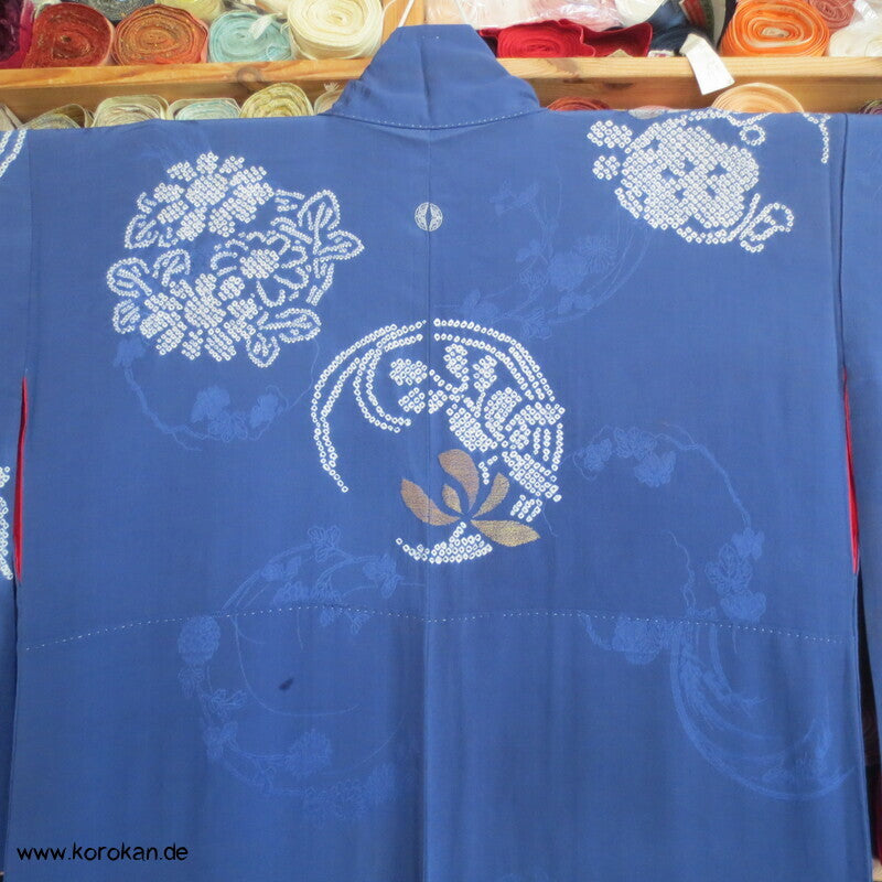 antiker Rinzu Seiden Damast Homongi Kimono, bestickt, Shibori