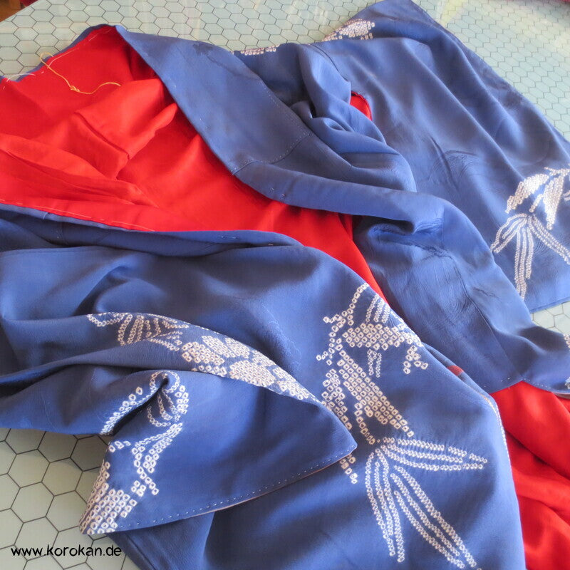 antiker Rinzu Seiden Damast Homongi Kimono, bestickt, Shibori