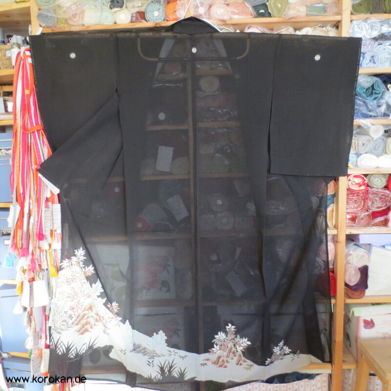 Felsenlandschaft antiker Tomesode Kimono, Rho Seide - halbtransparent