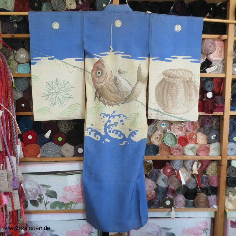 antiker Kimono Juban für kleine Jungen, Brasse, Angel, Korb