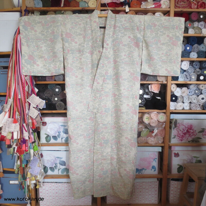 moos gebatikter Blumen Kasuri Tsumugi Hitoe Kimono, sehr groß