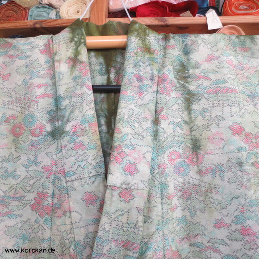 moos gebatikter Blumen Kasuri Tsumugi Hitoe Kimono, sehr groß