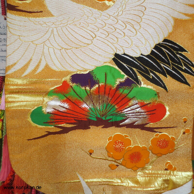Uchikake - Hochzeits Kimonomantel Kranich Seidenbrokat, innen rotgold