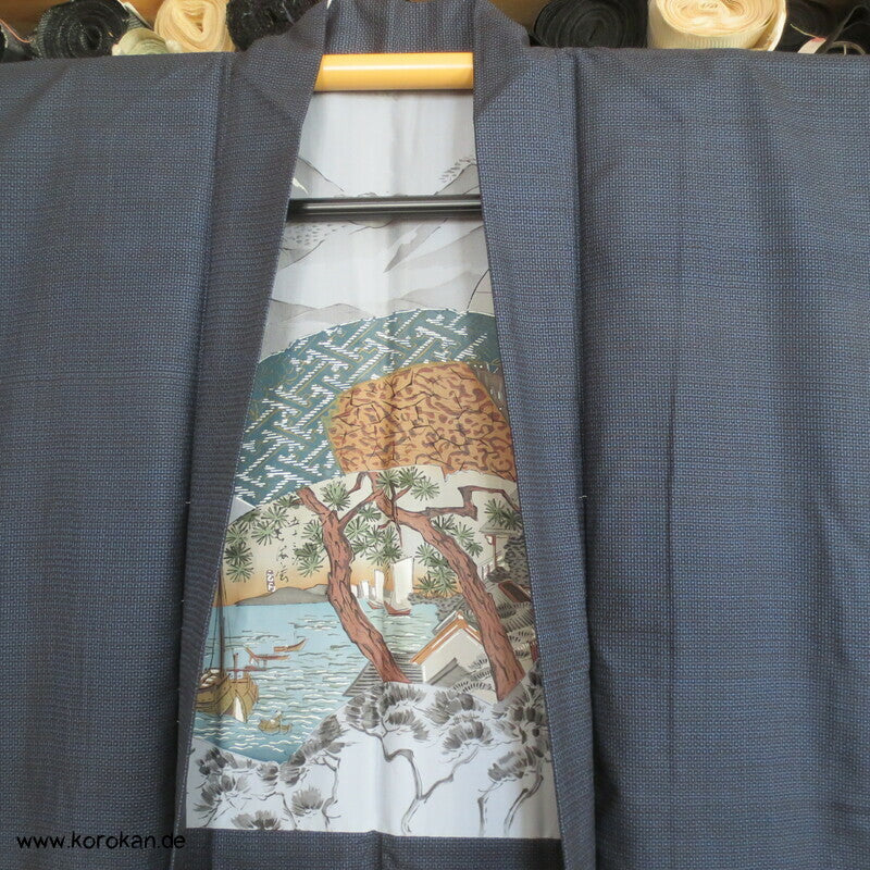 Tsumugi Seiden Haori Jacke mit Bilderfächerfutter