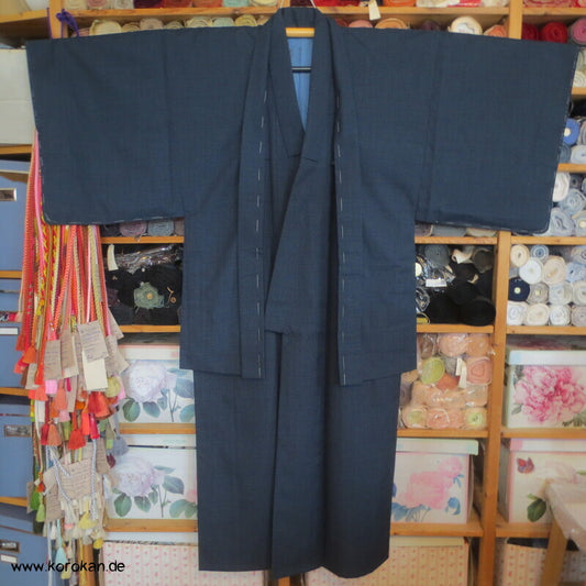 großes Kimono und Haori Set blau schwarzer Kikko Wolle / Seide, wie neu