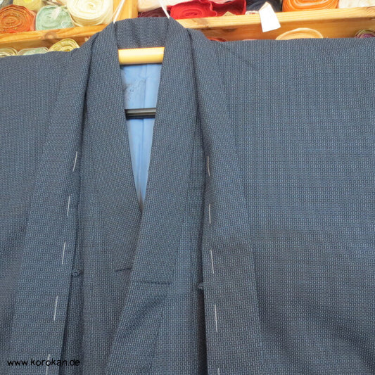 großes Kimono und Haori Set blau schwarzer Kikko Wolle / Seide, wie neu