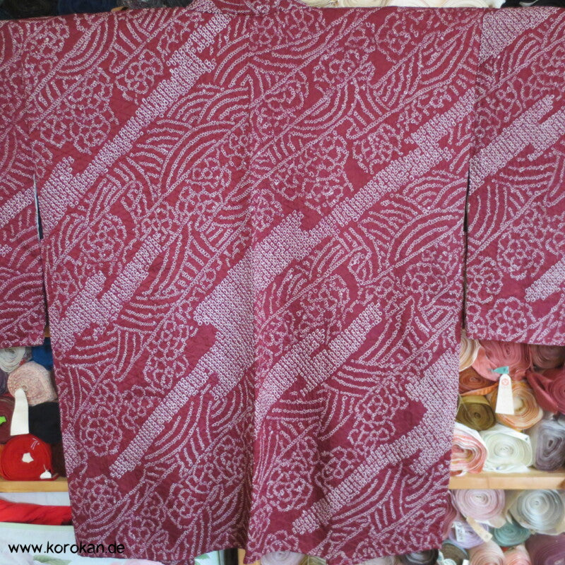 Full Shibori dunkelweinrote diagonal Streifen Haori Seiden Kimono Jacke