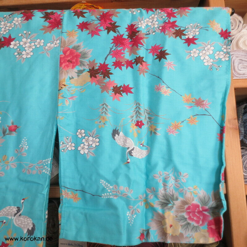 Yukata Baumwoll Kimono Blüten Tempel Kraniche