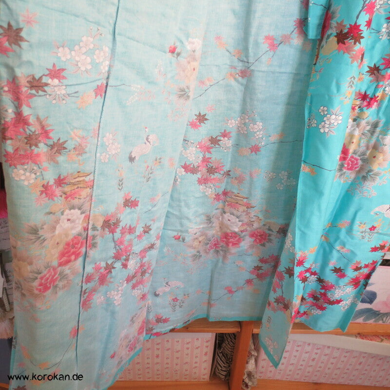 Yukata Baumwoll Kimono Blüten Tempel Kraniche